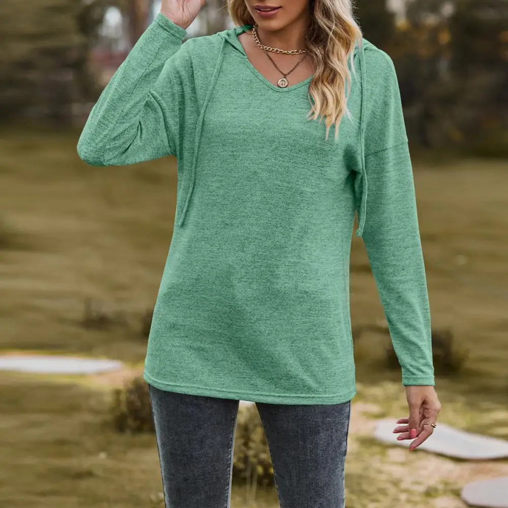 Camiseta elástica y agradable a la piel para mujer, Blusa con Capucha con cordón y cuello en V, suave y transpirable, longitud media