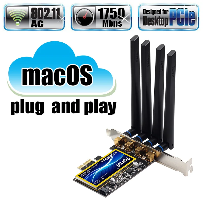 For MacOS Hackintosh 1750Mbps PCIe Wifi Bluetooth 4.0 Adapter 802.11ac 2.4G/5G Wireless Card Windows Desktop PC