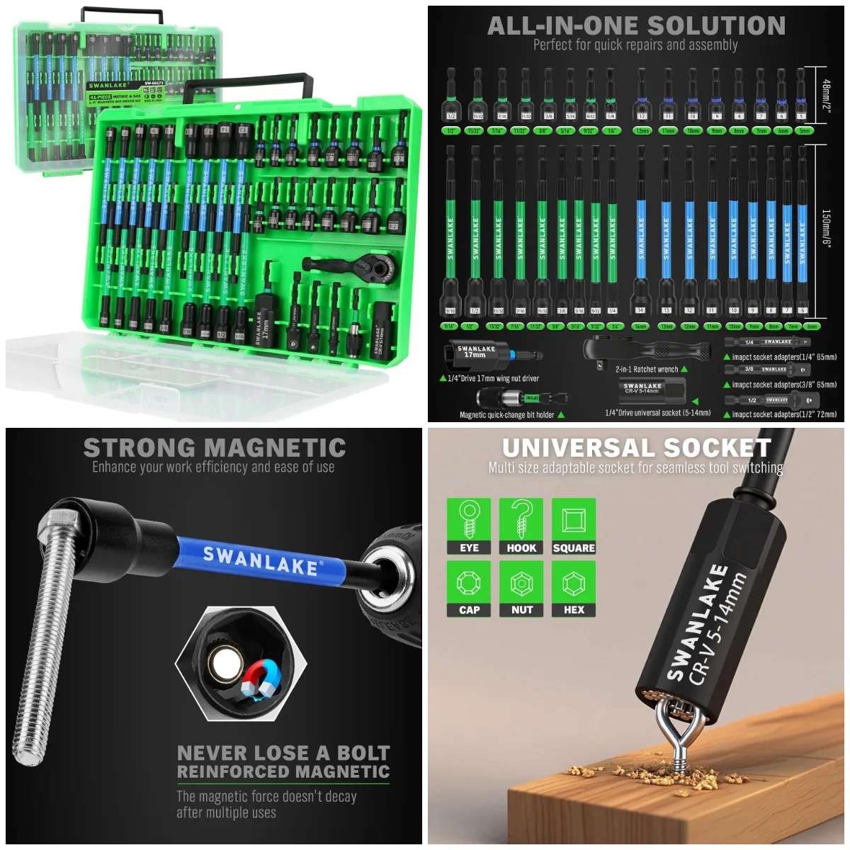 

Набор магнитных отверток для гаек из 4 предметов, метрическая и SAE, быстросменный держатель бит 1/4 дюйма, ручка с храповым механизмом 2-в-1