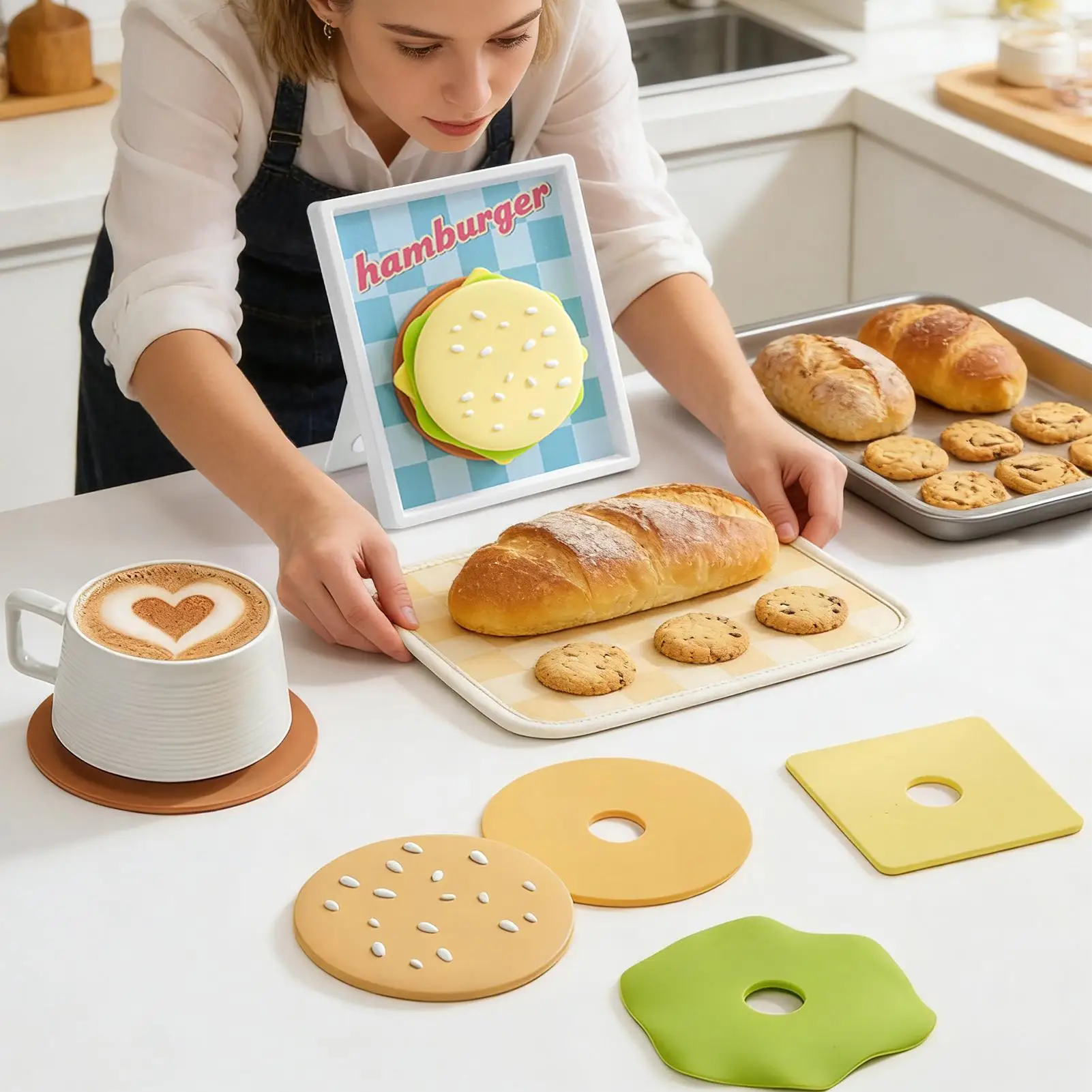 Funny Coaster Non Slip Silicone Kitchen Table Decor With Hamburger Design Bar Coasters With Magnetic Storage Frame For Coffee