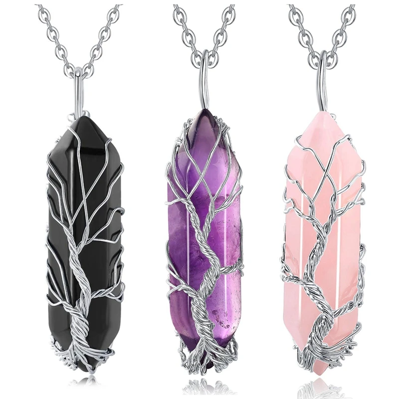 3Pcs Tree Wire Wrapped Crystal Point Pendant Necklace Reiki Healing Crystal Stone Necklaces Natural Hexagonal