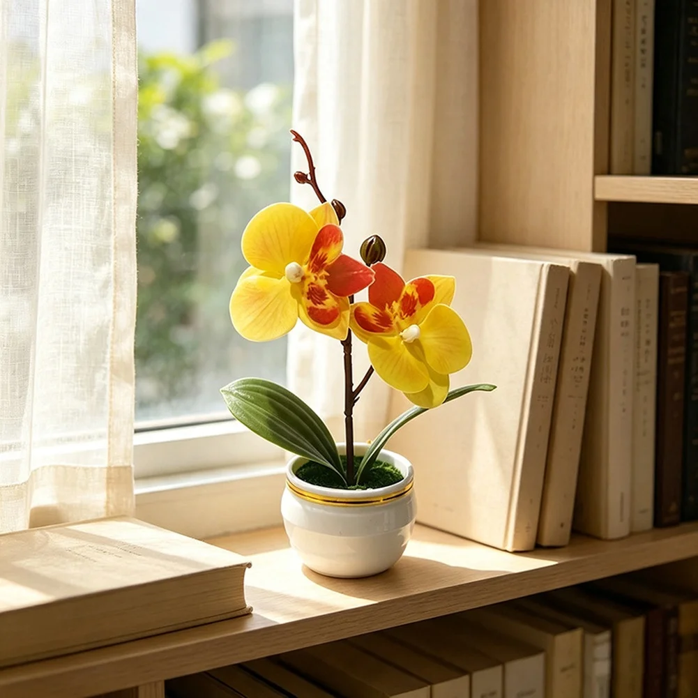 2 Flower Artificial Phalaenopsis Orchid Potted Plant Soft Rubber Butterfly Fake Flowers For Home Wedding Table Desktop Decor