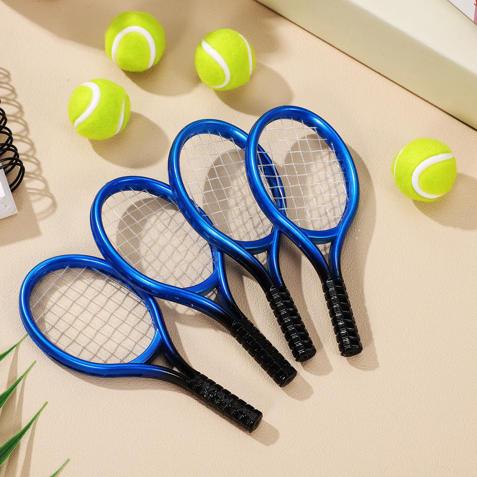 4Sets Mini Tennis Rackets and Balls Portable Realistic Set Miniature Keychain Tennis Gift Mini House Decor Dollhouse Accessories