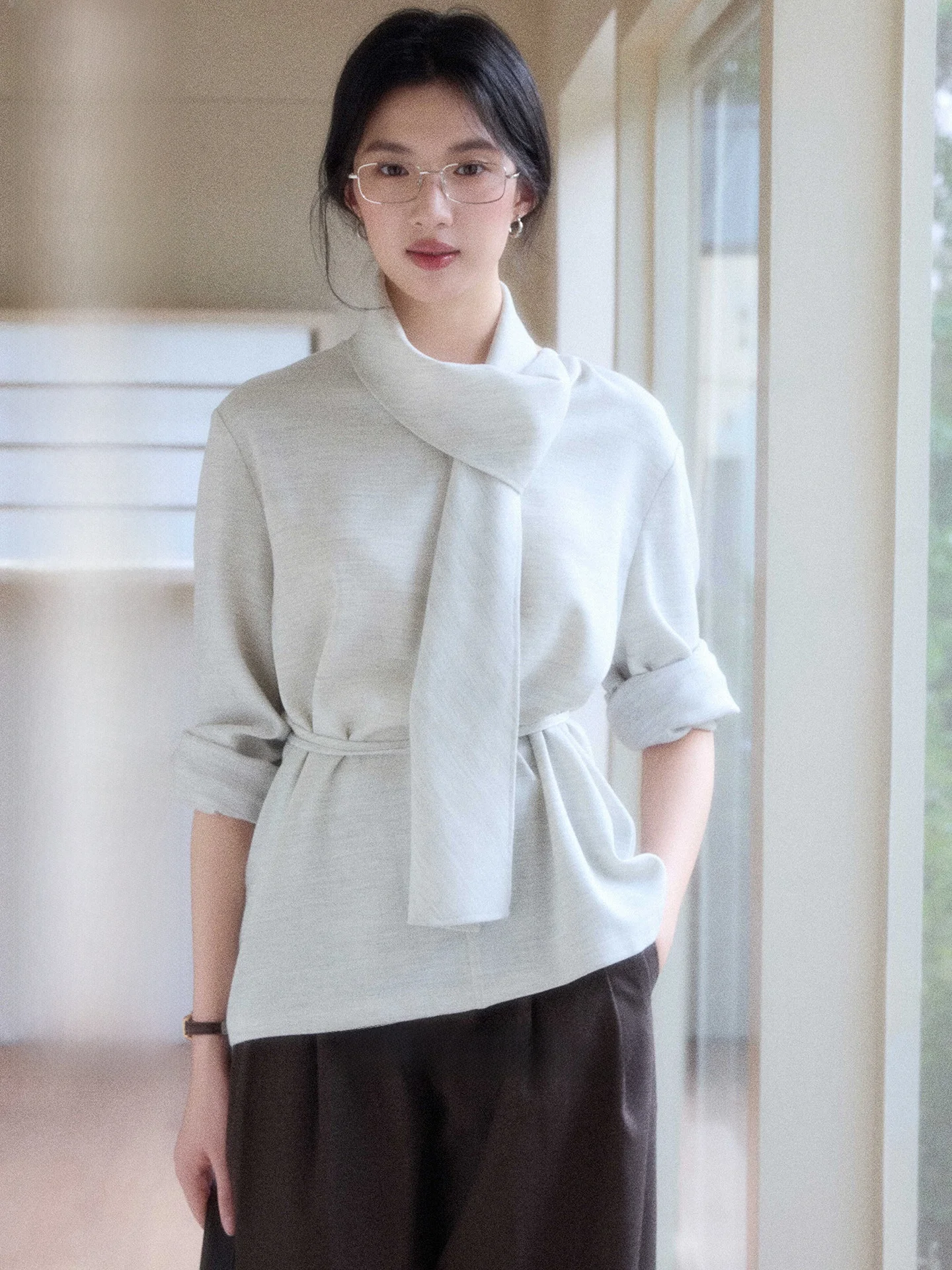 

Loose Long Sve irt Women's Design Netie V-ne Scarf Collar Commute Sle Polyester Blend Breathable Casual Top