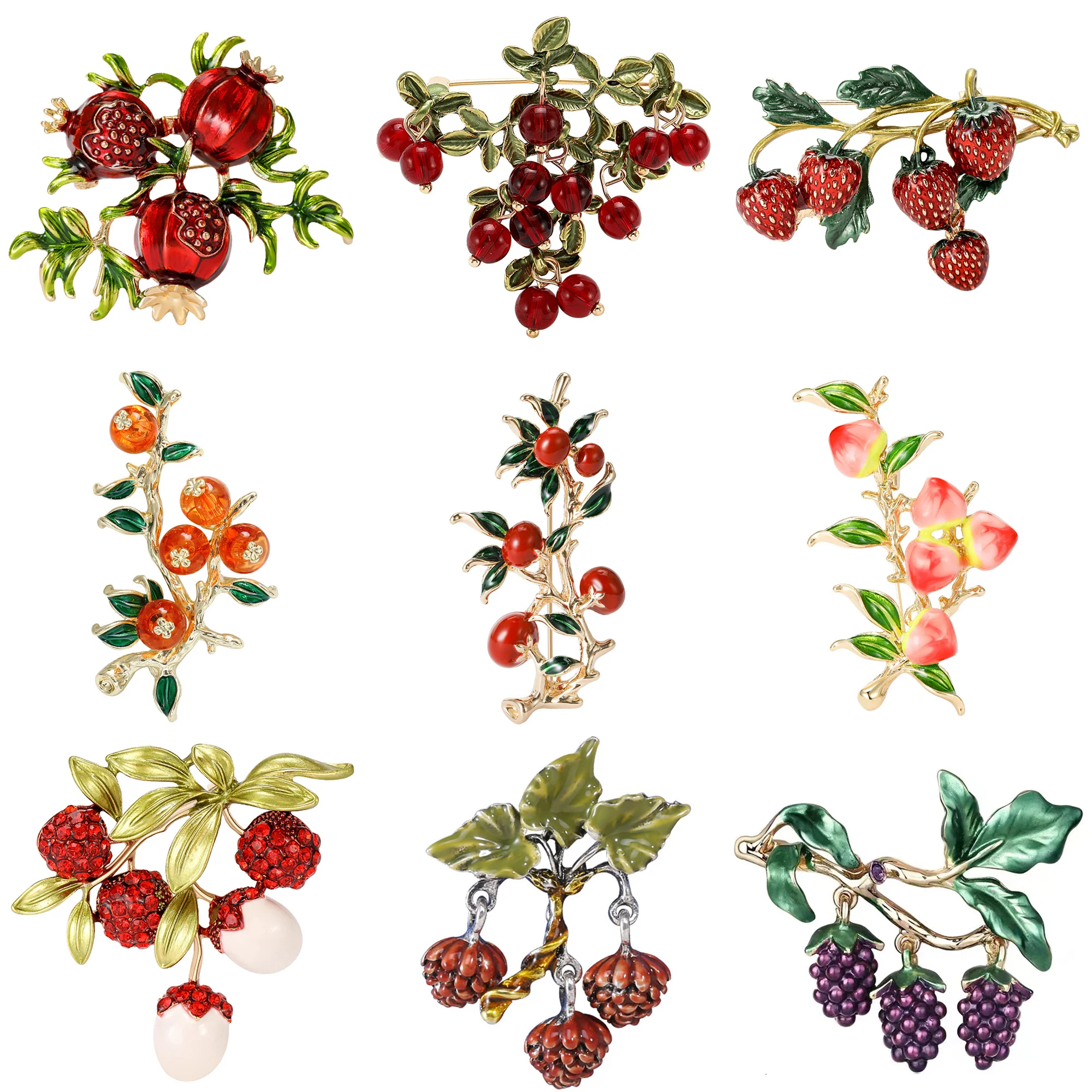 Rhinestone Pomegranate Branch Brooches for Women Unisex Enamel Fruit Pins Office Party Friend Gifts Jewelry Accessories