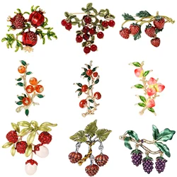 Rhinestone Pomegranate Branch Brooches for Women Unisex Enamel Fruit Pins Office Party Friend Gifts Jewelry Accessories