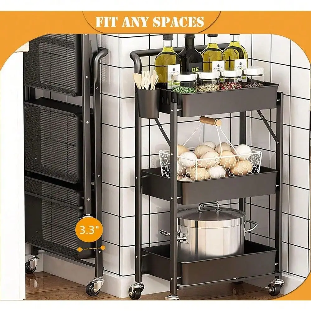 

Rolling Cart 3 Tier Utility Storage Cart No Assembly Metal Heavy Duty Kitchen Carts Folding On Wheels Trolley Organizer Cart Wi
