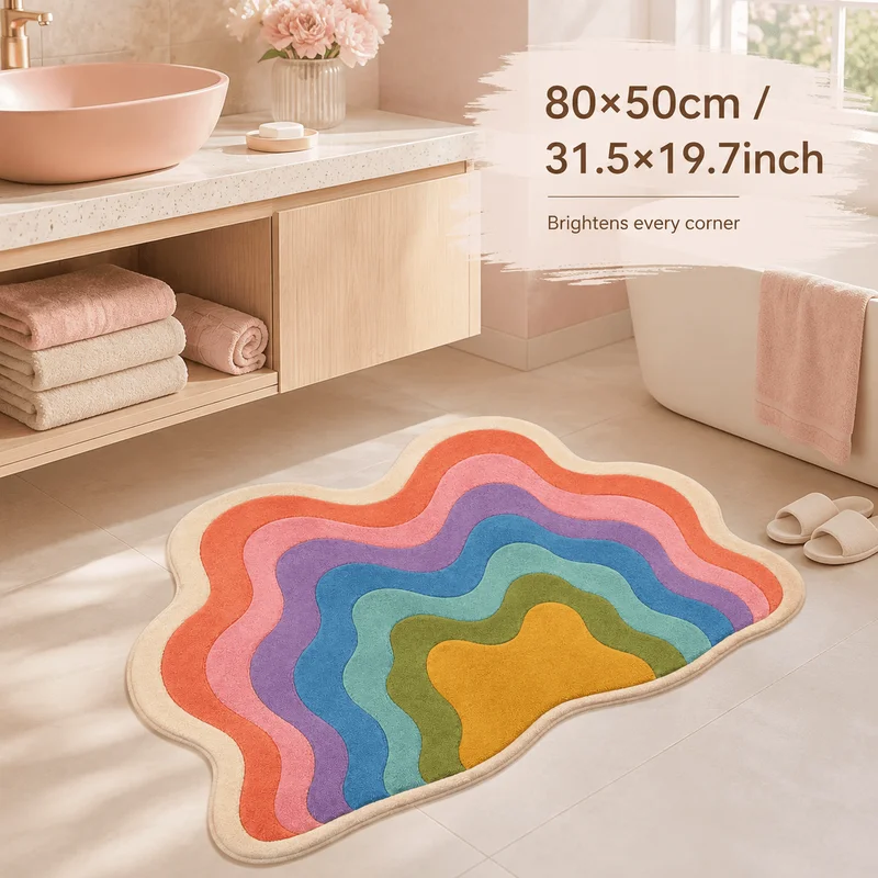 VIKAMA Cute Rainbow Wavy Rug Soft Velvet Pastel Colorful Irregular Shaped Non Slip Washable Mat for Bedroom Dorm Aesthetic Gift
