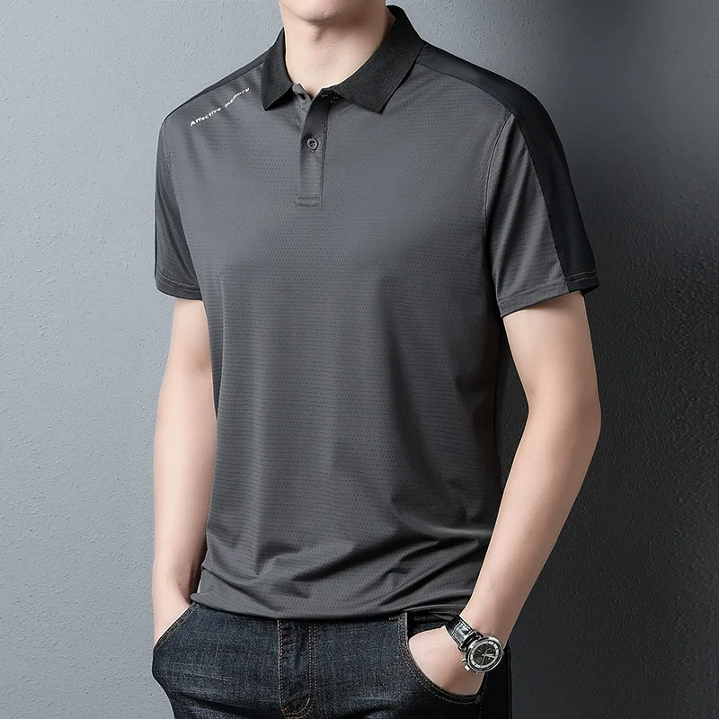 رجل قصير الأكمام الأعمال تي شيرت سريعة الجافة تي شيرت بولو تنفس قميص بلايز الحرير الجليد بدوره إلى أسفل طوق رجل الملابس MY964
