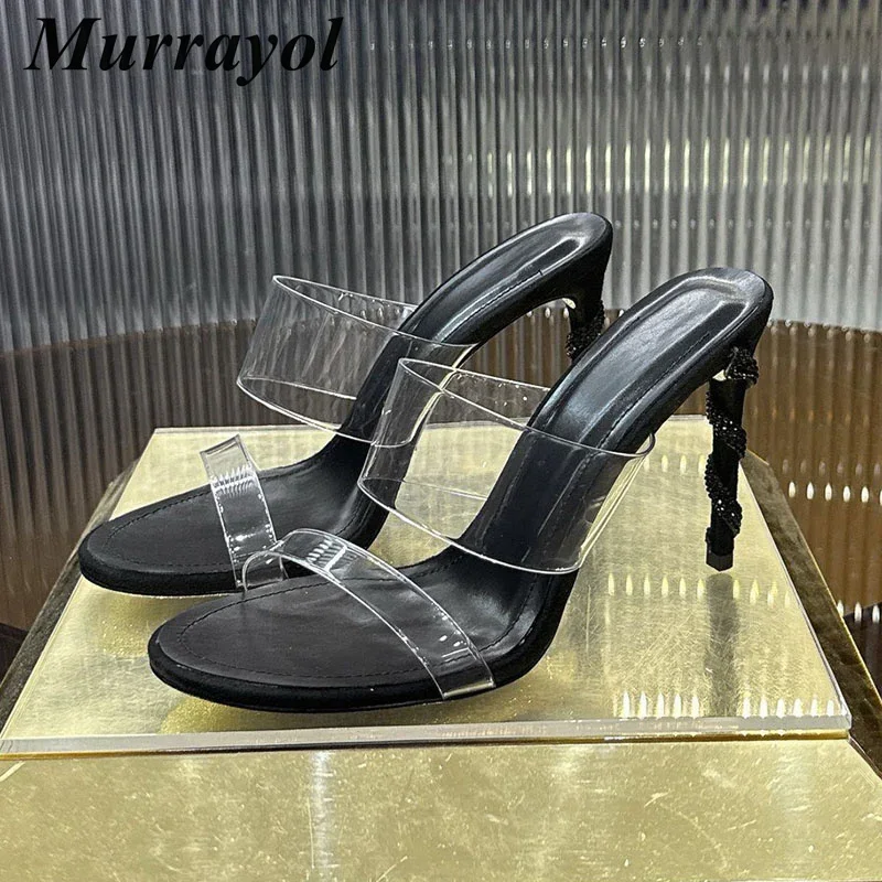Thin High Heels Slippers Women Transparent PVC Bling Rhinestone Decor Sexy Sandals Open Toe Stiletto Summer Party Dress Shoes