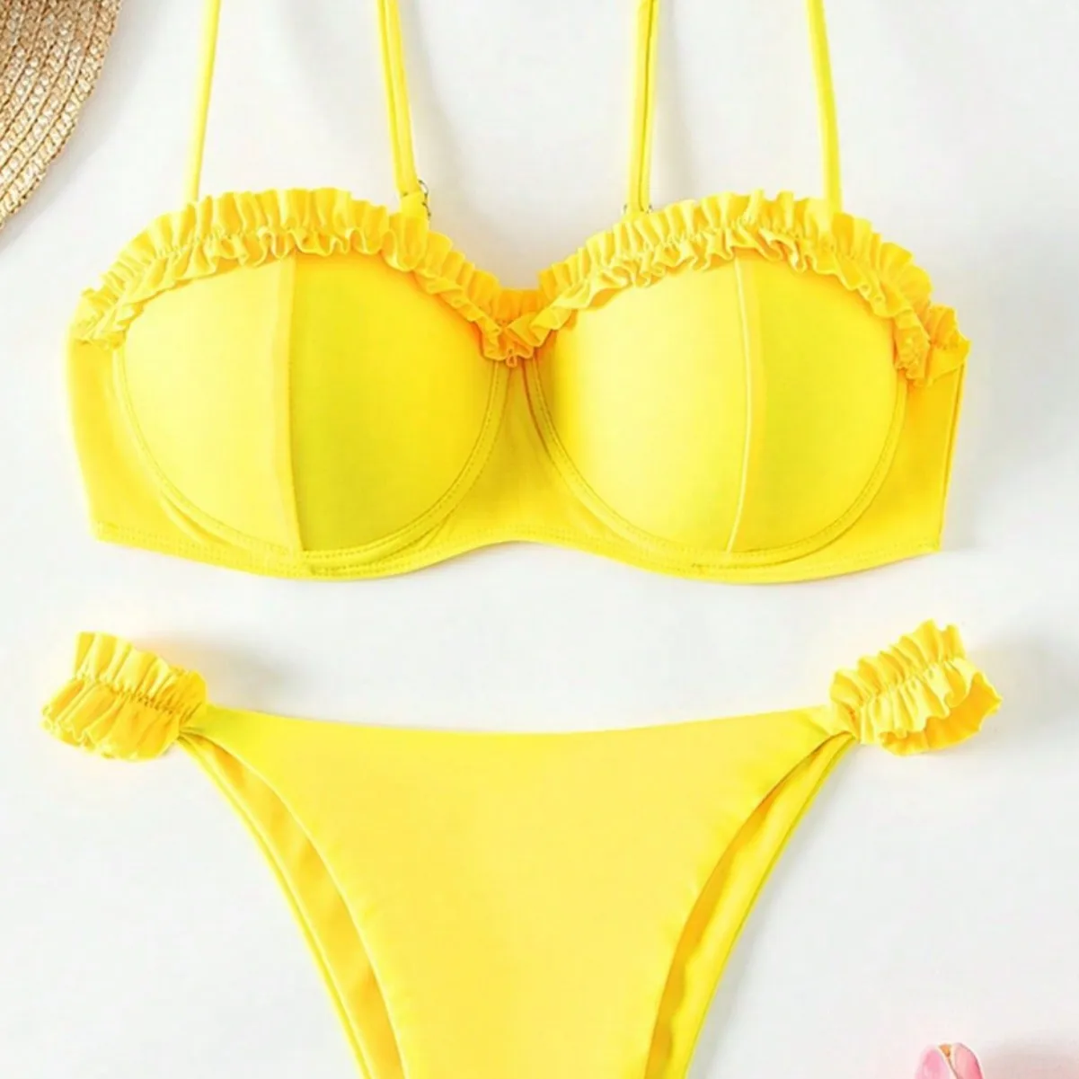 2026 New Solid Bikini Set Women Swimsuit Chic Ruffles Micro Bikini Split Bathing Suit Summer Beach Spice Girl 2 Piece Swimwear