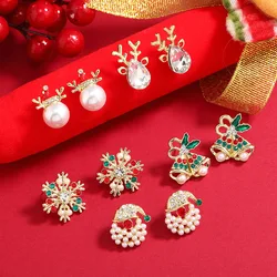 Rhinestone Artificial Pearl Earrings Snowflake Bell Elk Santa Claus Christmas Hat Stud Earrings for Women Christmas Jewelry Gift
