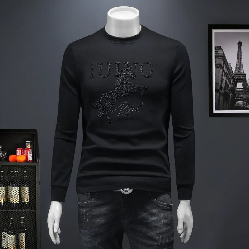 

Элитная мужская футболка с вышивкой, длинным рукавом, повседневная, базовая, новая, с круглым вырезом, больших размеров, из хлопка, модная