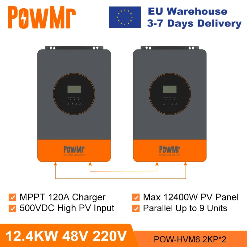 

PowMr 12.4KW Hybrid Solar Inverter 48V 220V Off Grid Inverter with MPPT 120A Charger Work without Battery Parallel Up to 9 Unit