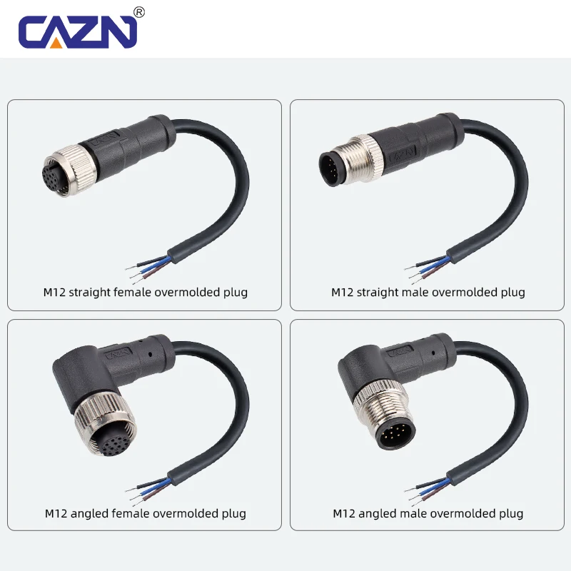 M12 Unshielded Overmolded Plug Angled Male Female 2-17 Pin A/B/C/D Code 1/2/5m PVC PUR IP67 for Sensors & Fieldbus Systems