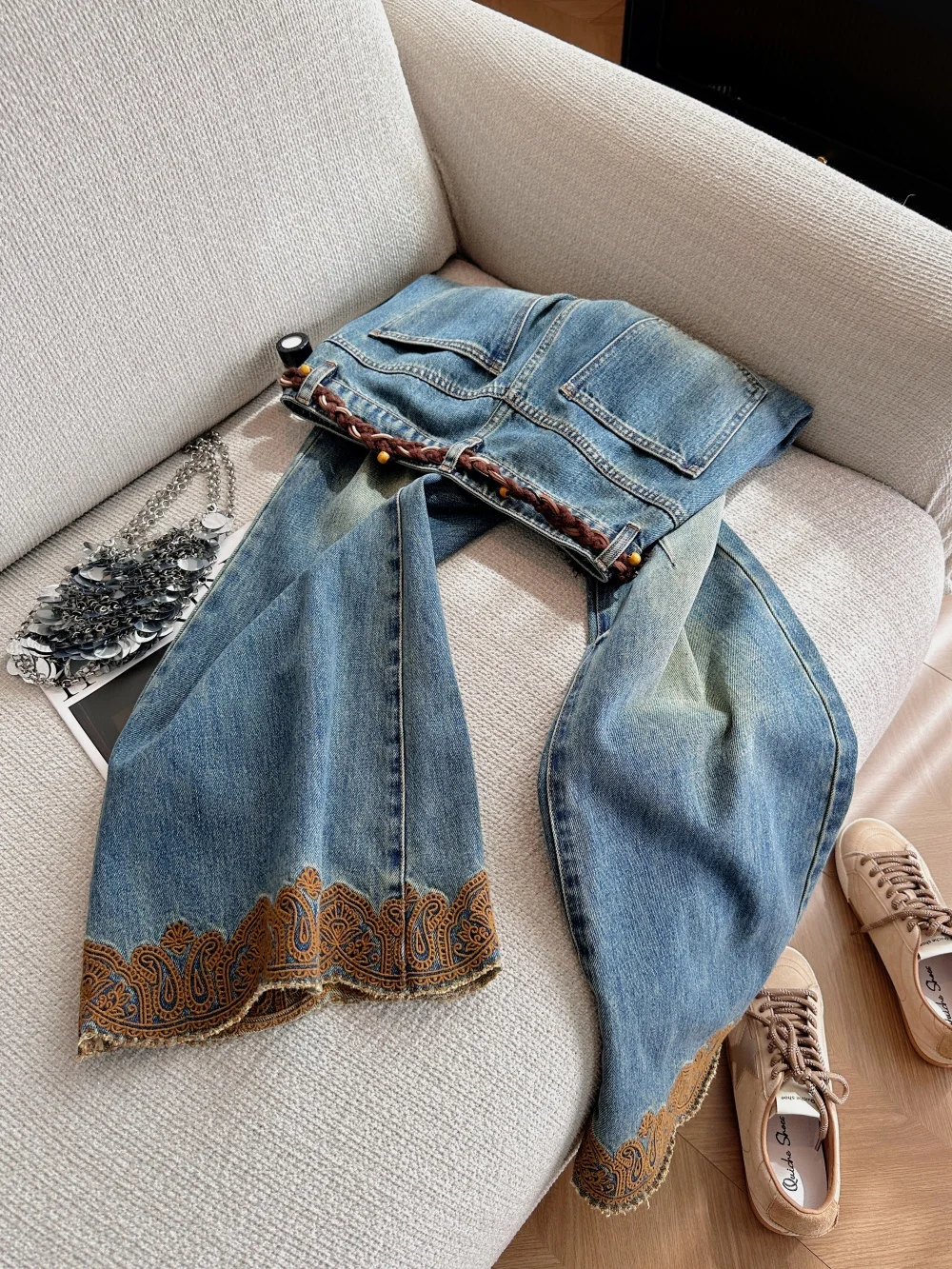 Retro Waed Embroidered Denim Jeans Men's Loose Wide Leg Pants Vintage Feel Casual Comfortable Slimming Autumn Faion