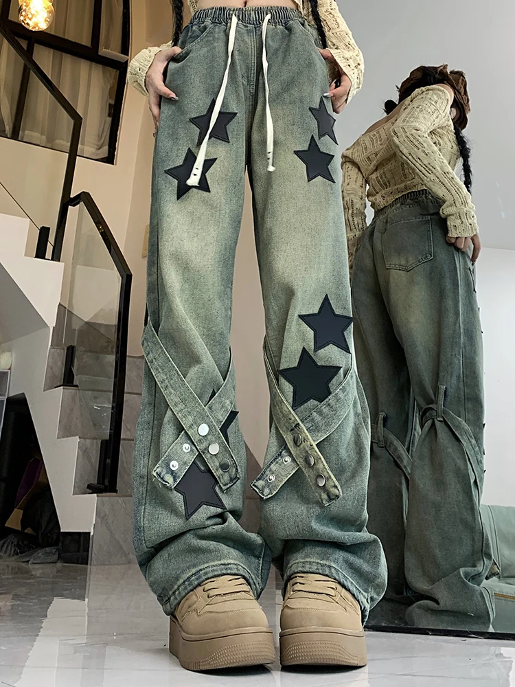 

Female High Waist American Retro Stars Western Style Straight Leg Jeans Lady Blue Loose Casual Washed Printing High Street Pants