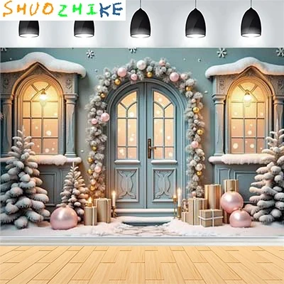 عيد الميلاد يوم السنة الجديدة حفلة خلفيات للتصوير الفوتوغرافي الدعامة نافذة غرفة المعيشة الداخلية شجرة عيد الميلاد الثلوج موضوع صورة خلفية FN-74