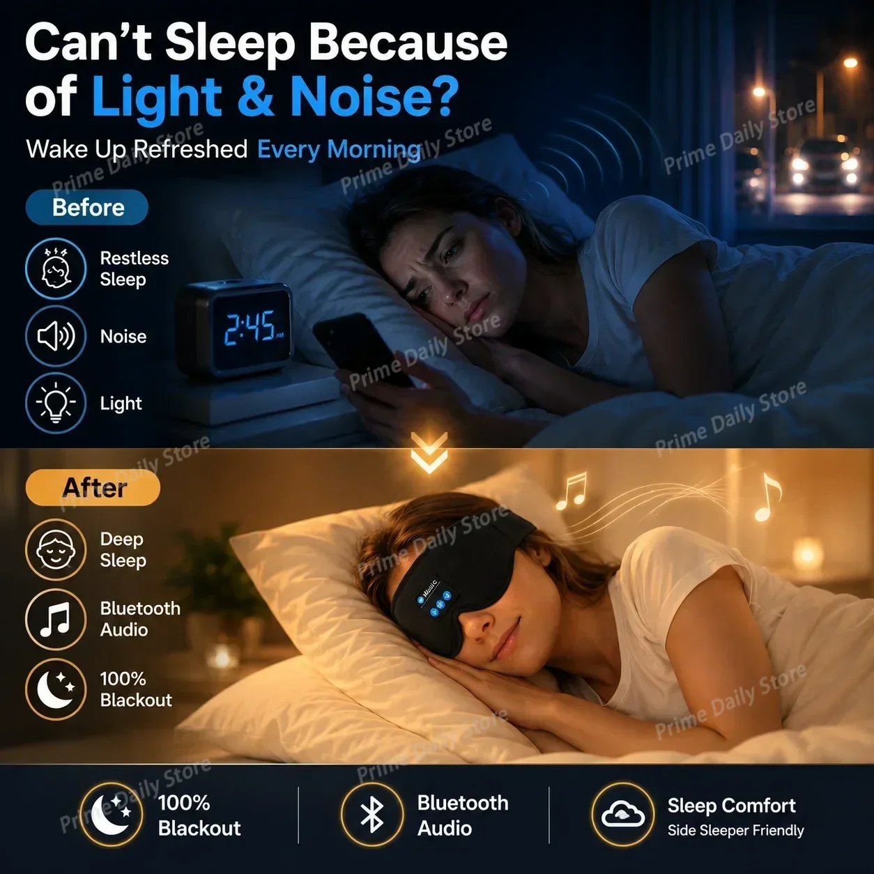 Wireless Sleep Headphones Eye Mask, 3D Contoured Light Blocking Mask with Mic for Side Sleepers Bluetooth 5.0 Sleep Mask