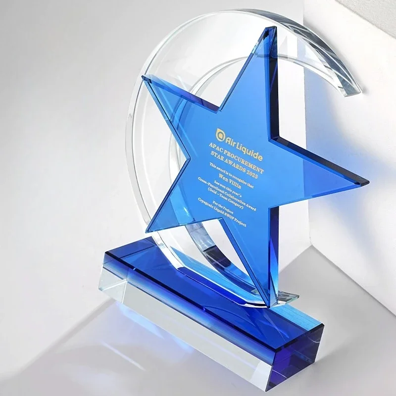 Customized Blue Pentagram Crystal Trophy, Annual Meeting Celebration Excellent Sports Souvenir Home Decoration, Glass Medal, 1Pc