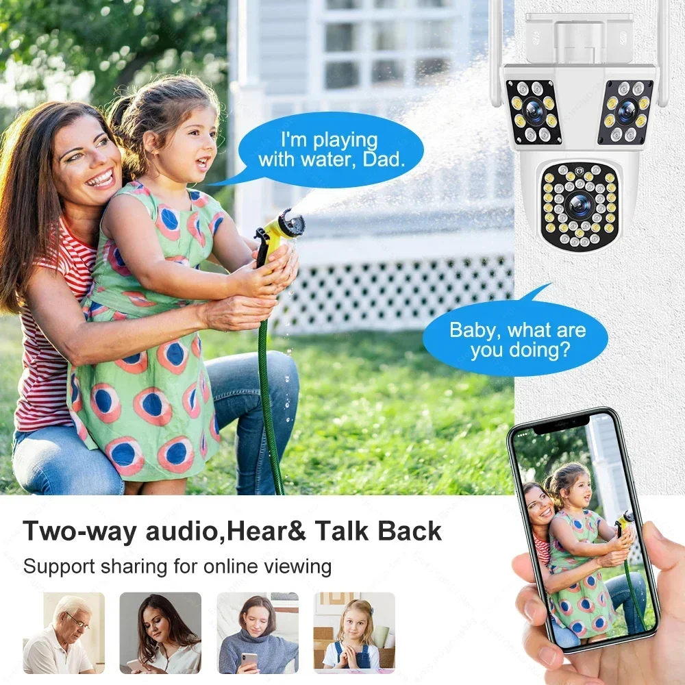 WiFi Camera Outdoor 10X Zoom 6K 12MP Three Screens Auto Tracking PTZ Monitor Security Protection CCTV Video Surveillance