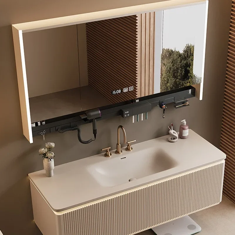 Cole-Ren integrated basin bathroom cabinet with smart hair dryer mirror cabinet, hand washbasin, sink, bathroom, and washbasin