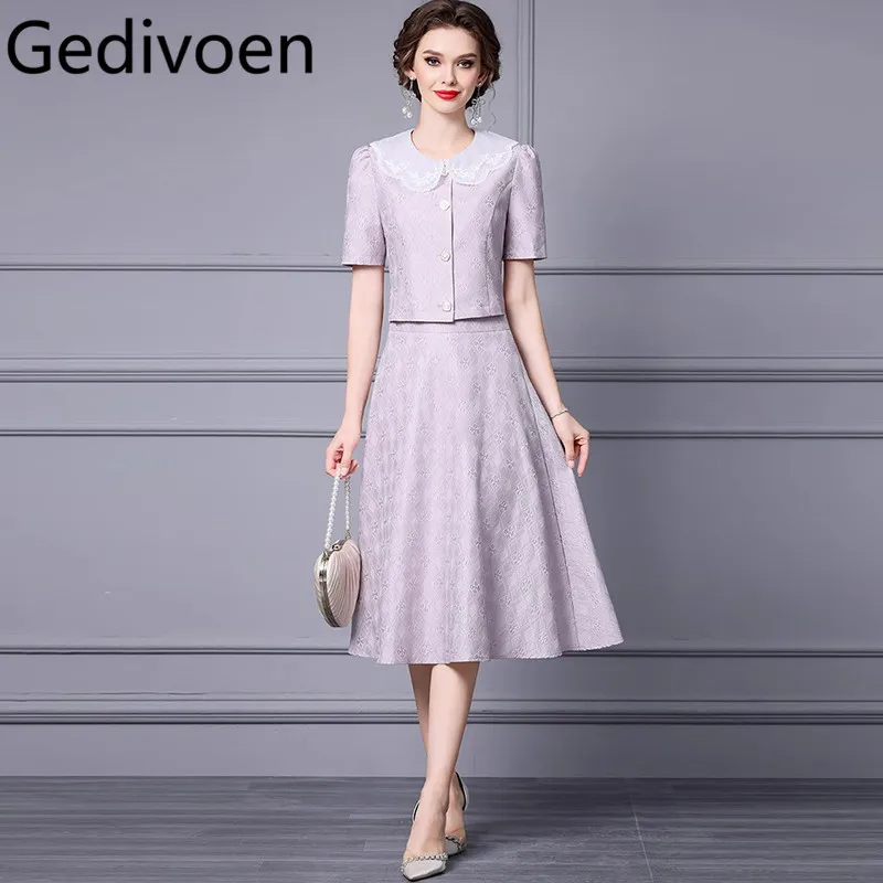 

Gedivoen Summer Fashion Runway Designer Skirt Sets Women's Temperament Jacquard Peter Pan Collar Tunic+A-Line Skirt 2 Pieces Set