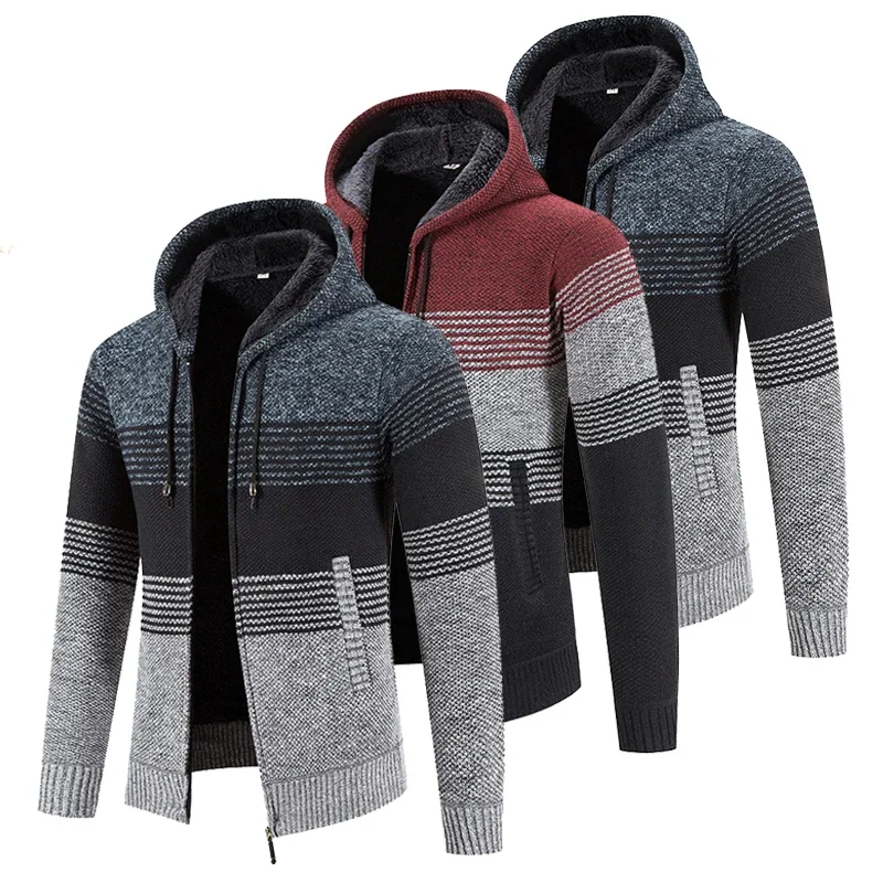 

Autumn Winter Warm Cardigan Male Thick Knit Sweaters Fleece Coat Man Zip-Up Jacket Knitted Jumper Hooded Sweatshirt Men Clothing