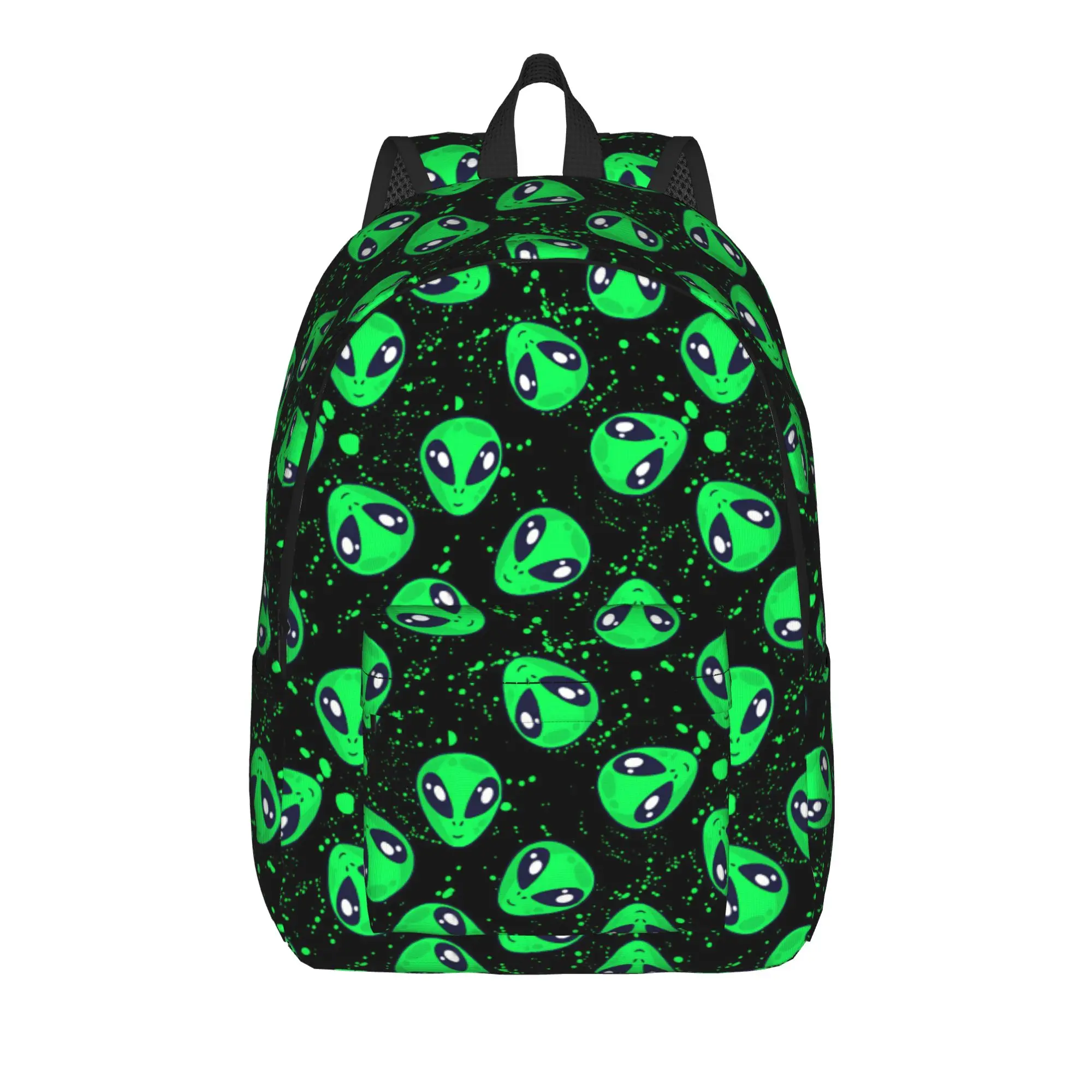 Glowing Green Alien Head Splash Dot Black Background Seamless Pattern Backpack  Workout Backpacks Youth Aesthetic School Bags