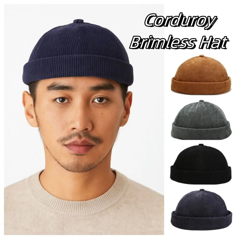 

Vintage Solid Color Corduroy Brimless Hat Adjustable Round Dome Melon Cap Japanese Comfortable Docker Cap Gift