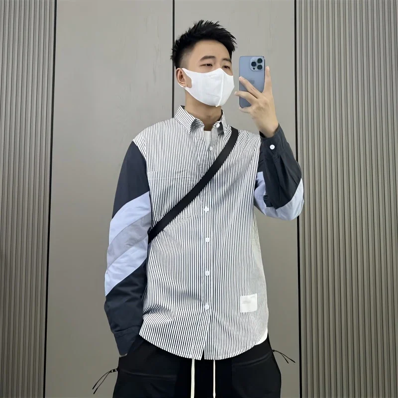 Trendy Brand Contrasting Color Splicing Striped Long-sleeved Shirt for Men in Spring Autumn Simple Casual Versatile