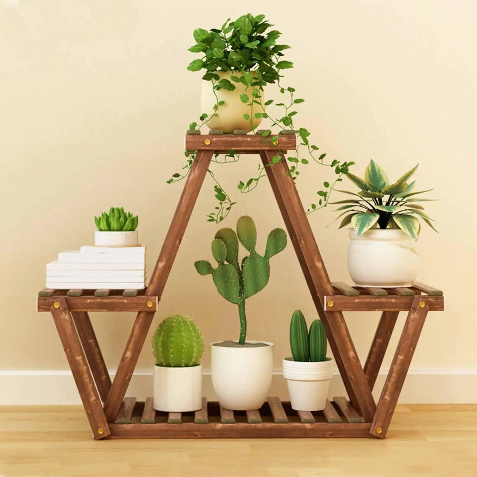 Wooden Plant Stand Triangular Plant Shelf for Living Room Balcony Patio