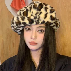 American Fashion Leopard Print Plush Berets Cap for Women Autumn Winter Travel Warm Personality Versatile Oversized Painter Hat