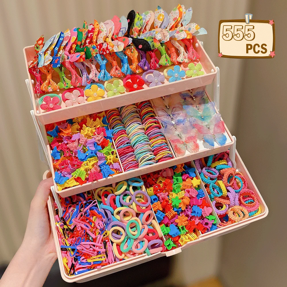 555 Uds. Conjunto de accesorios para el cabello para niñas, pinzas para el cabello a la moda con mariposas coloridas, lazos, bandas elásticas para fijación diaria de cola de caballo