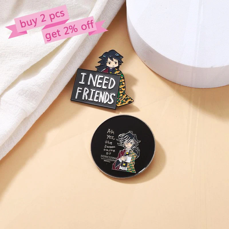 Need Friends Lapel Badges Cartoon Jewelry Gift for Fans Friends Tomioka Giyuu Depression Enamel Brooch Custom Anime Pines