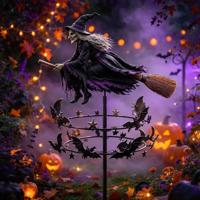 Witch Garden Wind Spinner Cute Outdoor Hanging Ornament Metal Wind Decor for Yard Lawn Patio Holiday Scene Outdoor Decor