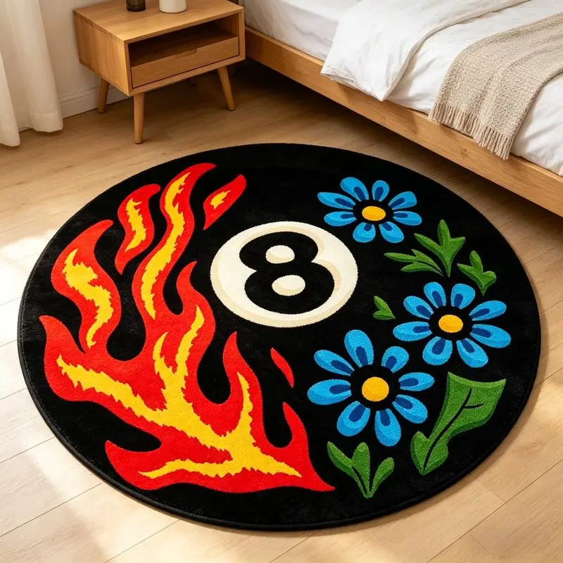 VIKAMA Flame Daisy No 8 Rug Round Soft Non-Slip Floor Protector Chair Mat Bedside Carpet for Study Bedroom Home Decor