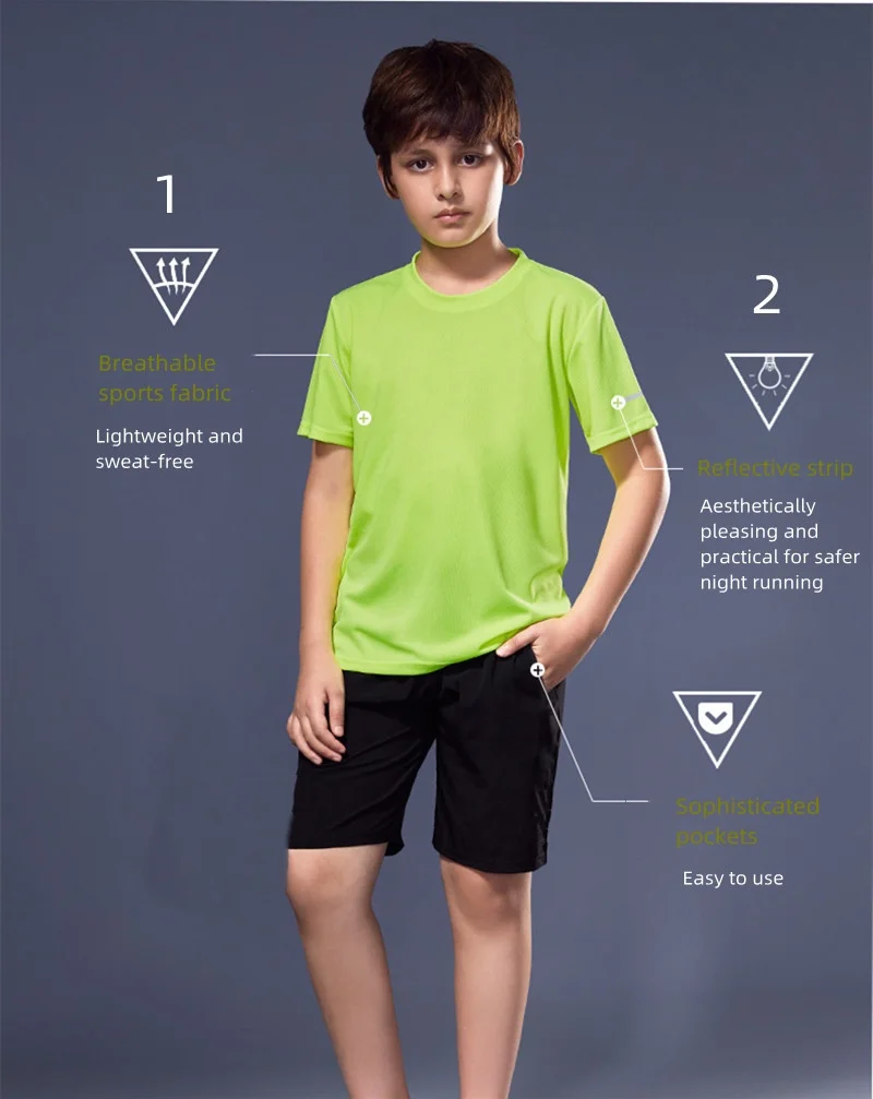 Jungen-Sportbekleidungsset, schnelltrocknend, kurzärmeliges T-Shirt, Shorts, atmungsaktiv, zum Laufen, für das Fitnessstudio, für das Training, Sommer, zweiteiliges Outfit. – Detail 6