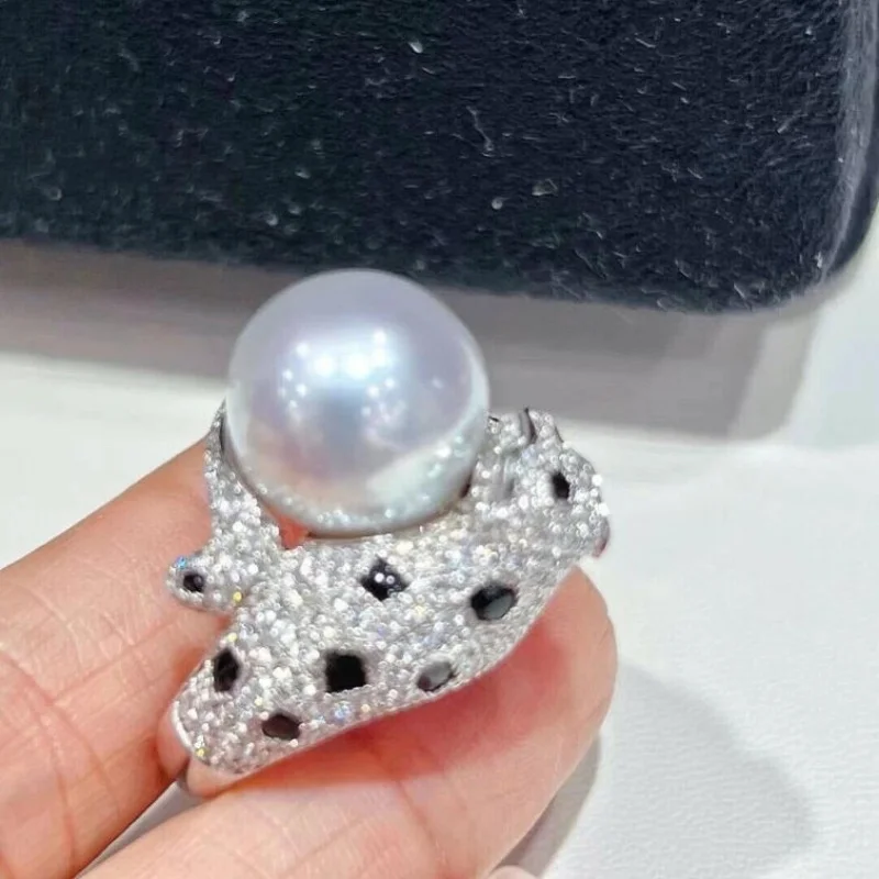Stunning oversized AAAA 11-12mm round natural South Sea white pearl ring 925 silver