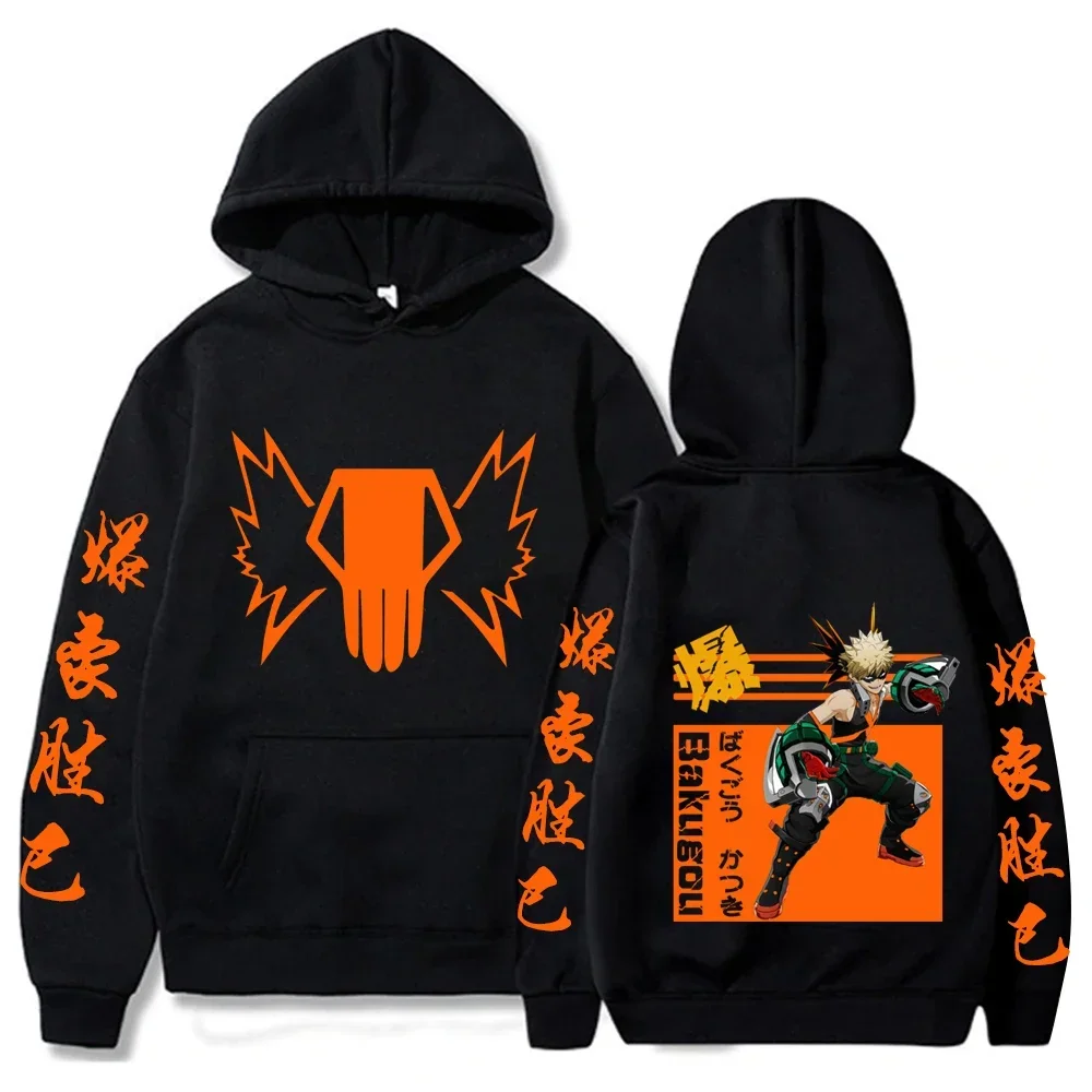 Japanese Anime My Hero Academia Bakugo Katsuki Hoodie Men Women Kawaii Loose Manga Orange Pattern Sweatshirt Clothing