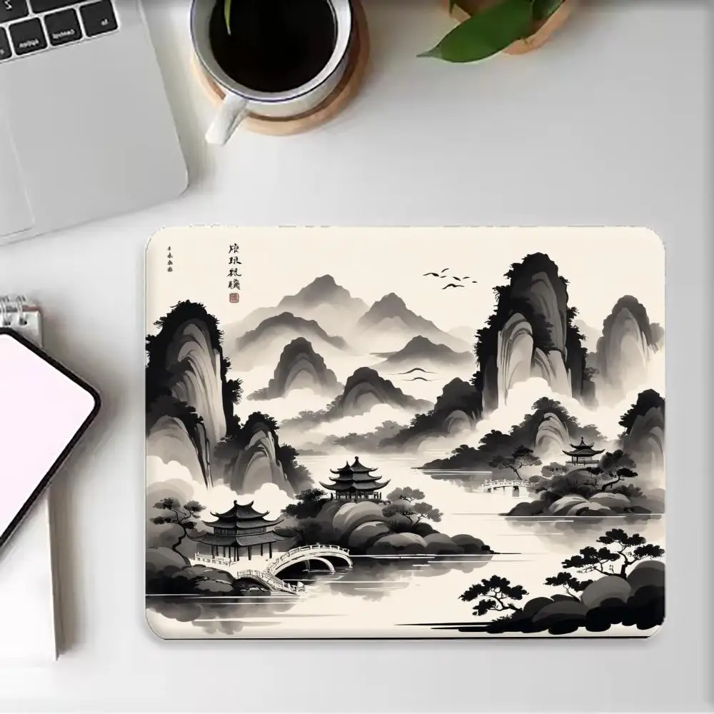 Small Gaming Mouse Pad Chinese Ink Wash Mountain Landscape Ancient Pavilion Bridge Print mousepad 22*18/25*29CM 40*45 Desk Decor