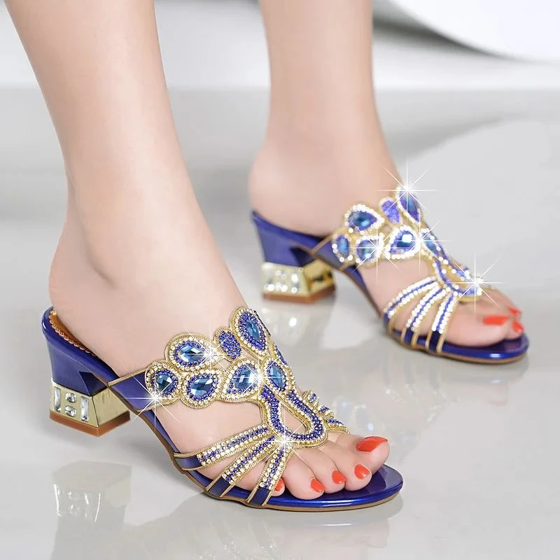 New Women Sandals Thick Heel Inlaid With Bling Diamond Leather Sandals Sexy Open Toe High Heel Summer Party Beach Shoes