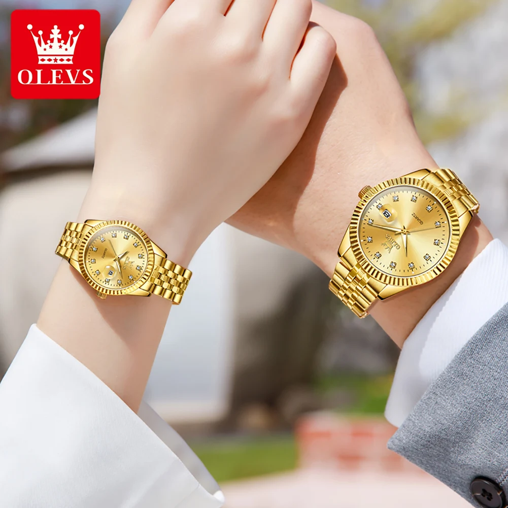 Olevs original gold quarzuhr paare edelstahl wasserdicht leuchtende männer armbanduhr luxusmarke sein oder ihr uhrenset