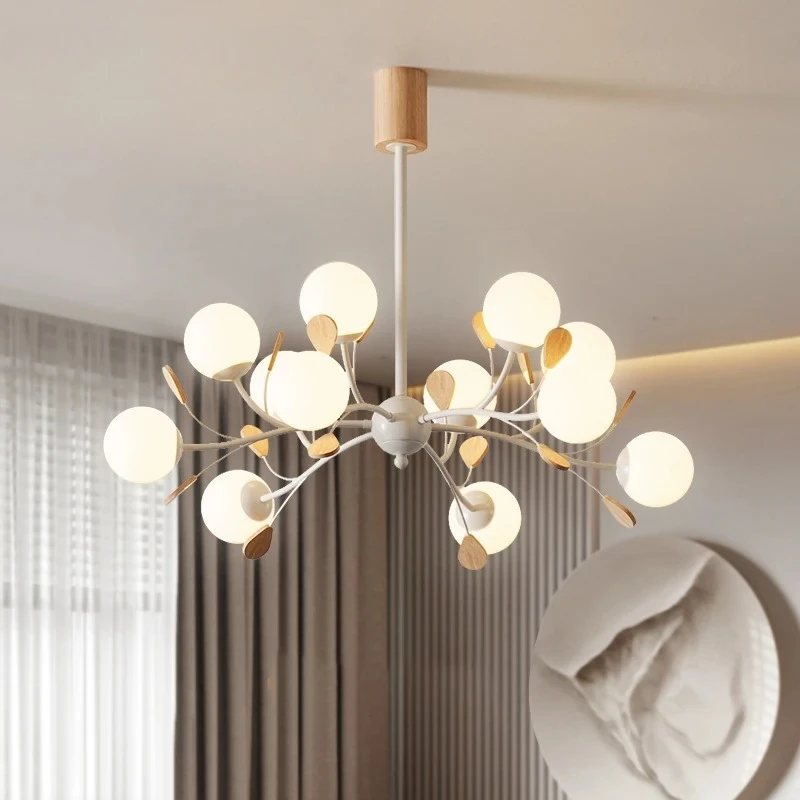 Scandinavian Magic Bean Chandelier Modern Glass Ball Wood Pendant Light For Dining Living Room Bedroom Home LED Ceiling Lamp