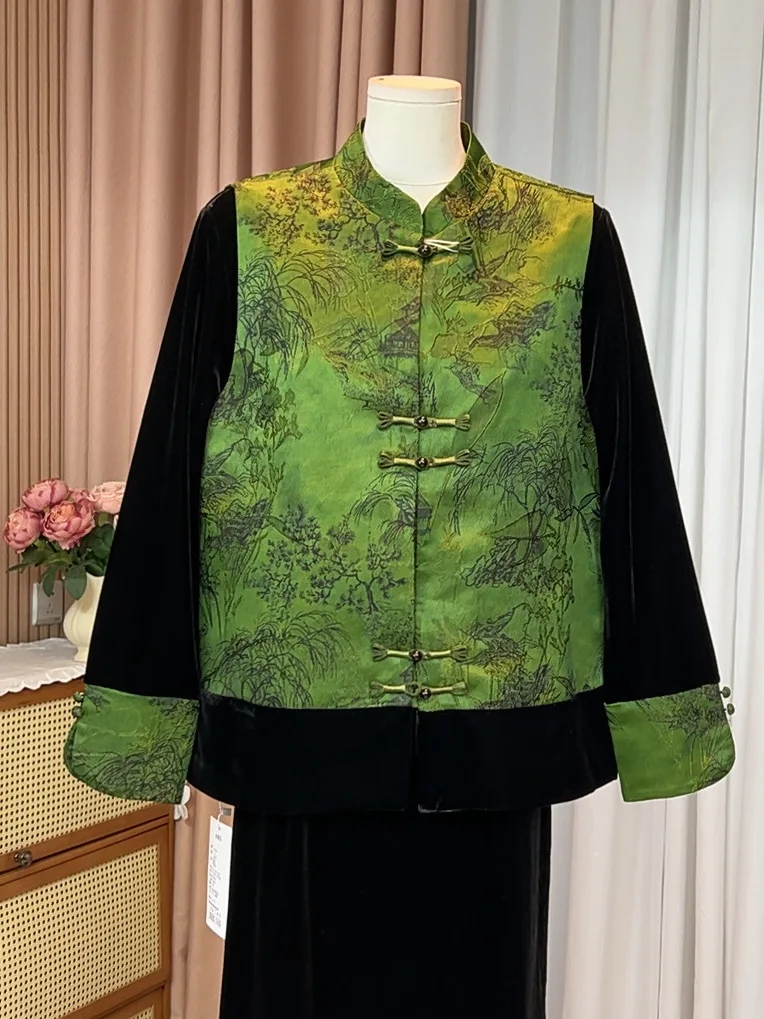 

Chinese Sle Stand Collar Velvet Patchwork Jaet Women's Spring Outfit Matching High Collar Vest Floral Pattern Single Button