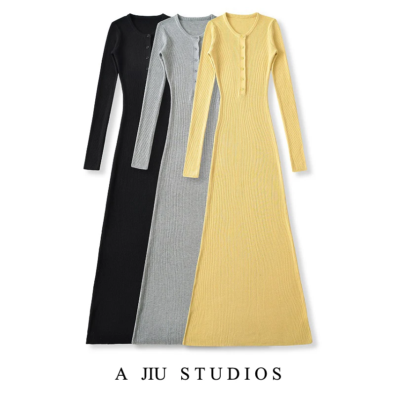 

Pure Desire Soft Long Sve Knitted Dr Women's Slim Fit round Ne Single Button Base Layer Wrap around Long Skirt