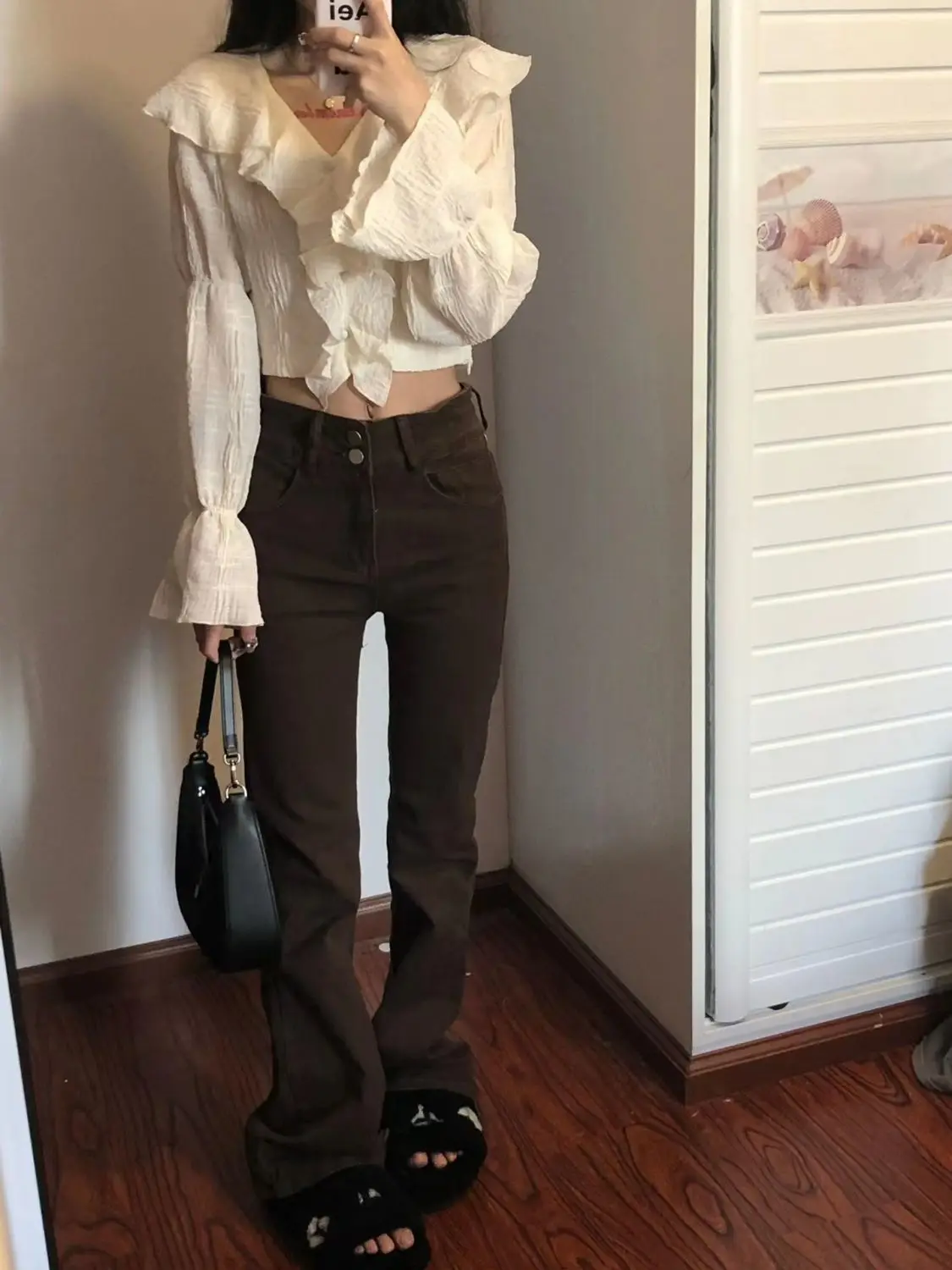 Camicia con volant di nicchia da donna bianca Hot Girl Pure Desire Body corto e sottile