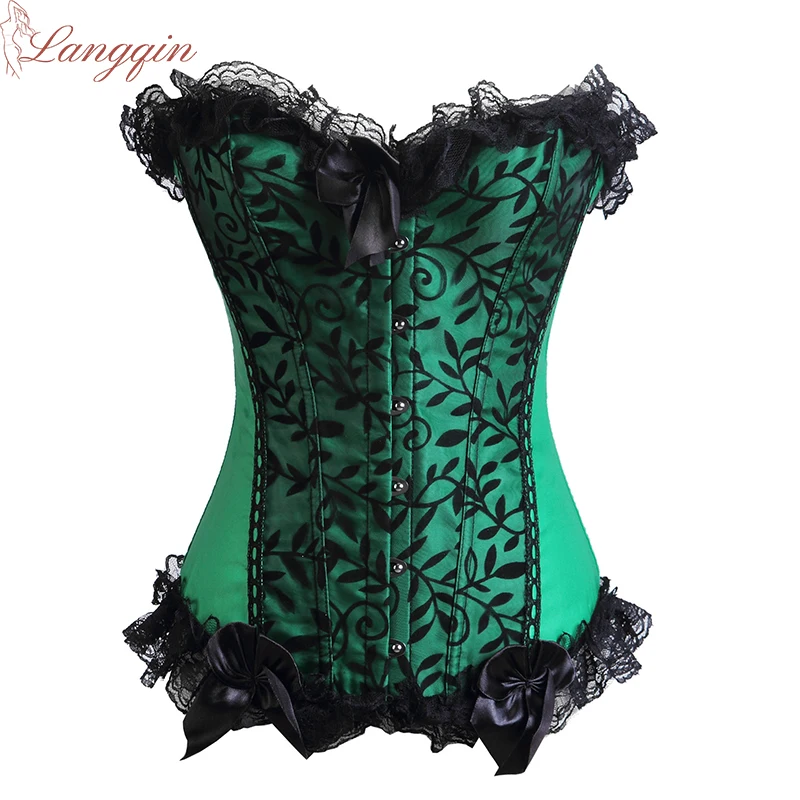 Lady  Lace Bowknot Decorated Body Shaper Sexy Satin Overbust Corset Top Exotic Vintage Floral Trim Victorian Bustier