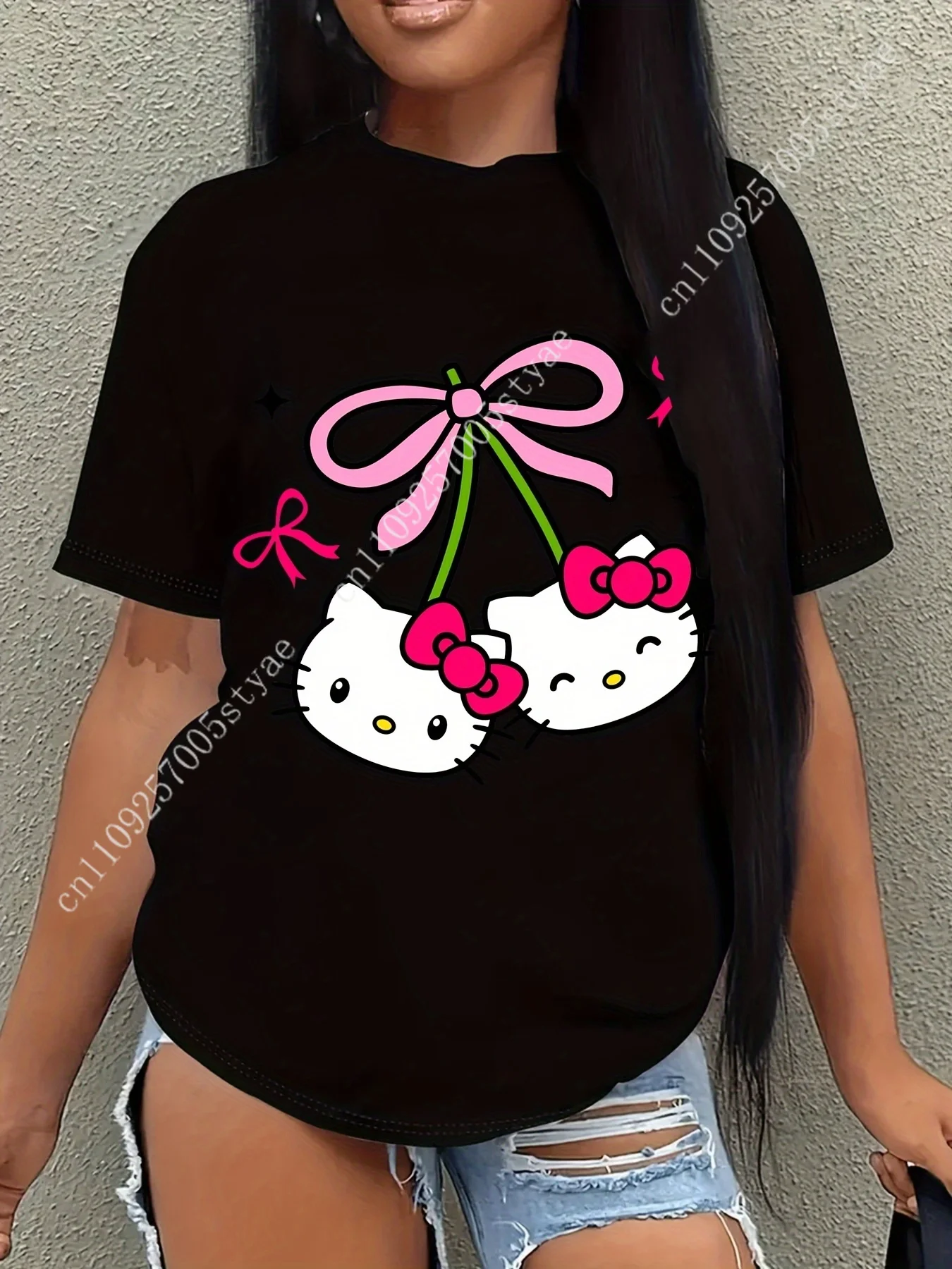 

Sanrio for hello kitty T-shirt, Suitable for Black Cat and Cinnamon Roll Shirt, round Neck Short Sleeve T-shirt, Casual, Cartoon