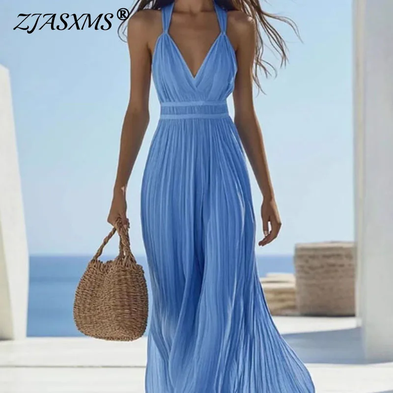 Vestido Largo de Verano para Mujer, Sexy, Cuello en V, Cintura Alta, Estilo Boho, Plisado, Fluido, Sin Mangas, con Tirantes, para Vacaciones